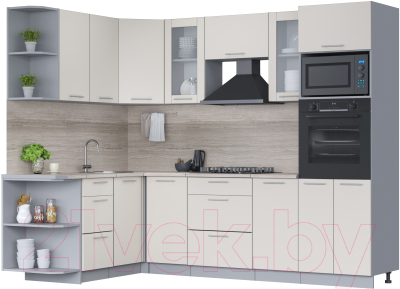 Кухонный гарнитур Интерлиния Мила 1.68x2.6 левая (персидский жемчуг/персидский жемчуг/травертин серый) - фото
