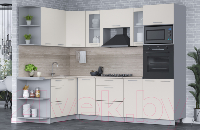 Кухонный гарнитур Интерлиния Мила 1.68x2.6 левая (персидский жемчуг/персидский жемчуг/травертин серый)