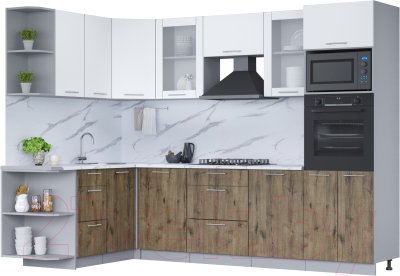Кухонный гарнитур Интерлиния Мила 1.68x2.8 левая (белый платинум/дуб веллингтон/белый гранит) - фото