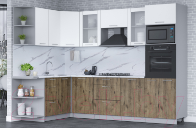 Кухонный гарнитур Интерлиния Мила 1.68x2.8 левая (белый платинум/дуб веллингтон/белый гранит)