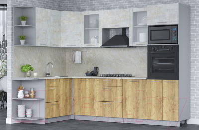 Кухонный гарнитур Интерлиния Мила 1.68x2.8 левая (бетон лайт/дуб золотой/опал светлый)