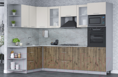 Кухонный гарнитур Интерлиния Мила 1.68x2.8 левая (персидский жемчуг/дуб веллингтон/серый каспий)