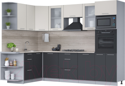 Кухонный гарнитур Интерлиния Мила 1.68x2.8 левая (персидский жемчуг/антрацит/травертин серый) - фото