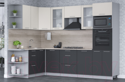 Кухонный гарнитур Интерлиния Мила 1.68x2.8 левая (персидский жемчуг/антрацит/травертин серый)