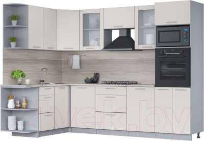 Кухонный гарнитур Интерлиния Мила 1.68x2.8 левая (персидский жемчуг/персидский жемчуг/травертин серый) - фото