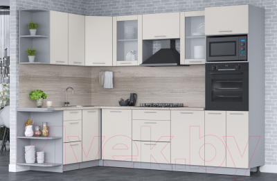 Кухонный гарнитур Интерлиния Мила 1.68x2.8 левая (персидский жемчуг/персидский жемчуг/травертин серый)