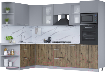 Кухонный гарнитур Интерлиния Мила 1.68x2.8 левая (серебро/дуб веллингтон/белый гранит) - фото