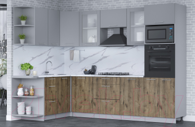 Кухонный гарнитур Интерлиния Мила 1.68x2.8 левая (серебро/дуб веллингтон/белый гранит)