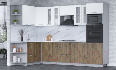 Кухонный гарнитур Интерлиния Мила 1.68x3.0 левая (белый платинум/дуб веллингтон/белый гранит)