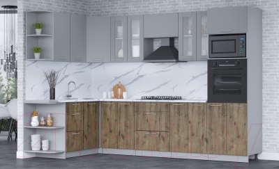 Кухонный гарнитур Интерлиния Мила 1.68x3.0 левая (серебро/дуб веллингтон/белый гранит)