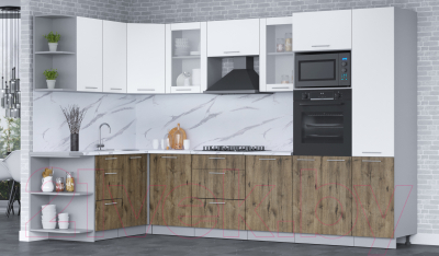 Кухонный гарнитур Интерлиния Мила 1.68x3.2 левая (белый платинум/дуб веллингтон/белый гранит)