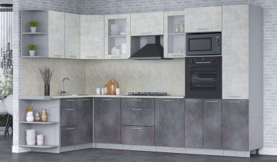 Кухонный гарнитур Интерлиния Мила 1.68x3.2 левая (бетон лайт/бетон портленд/опал светлый)