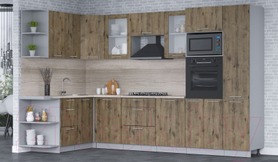 Кухонный гарнитур Интерлиния Мила 1.68x3.2 левая (дуб веллингтон/дуб веллингтон/травертин серый)