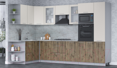 Кухонный гарнитур Интерлиния Мила 1.68x3.2 левая (персидский жемчуг/дуб веллингтон/серый каспий)