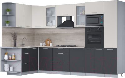 Кухонный гарнитур Интерлиния Мила 1.68x3.2 левая (персидский жемчуг/антрацит/травертин серый) - фото