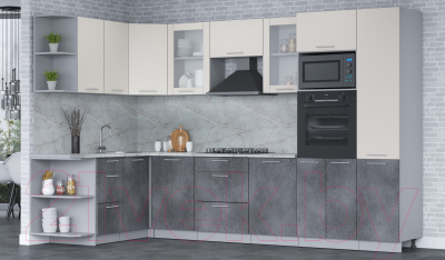 Кухонный гарнитур Интерлиния Мила 1.68x3.2 левая (персидский жемчуг/бетон портленд/серый каспий)