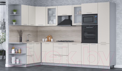 Кухонный гарнитур Интерлиния Мила 1.68x3.2 левая (персидский жемчуг/персидский жемчуг/травертин серый)