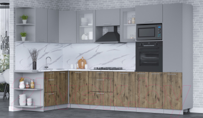 Кухонный гарнитур Интерлиния Мила 1.68x3.2 левая (серебро/дуб веллингтон/белый гранит)