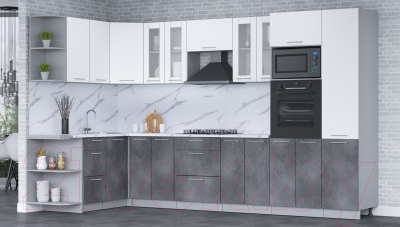 Кухонный гарнитур Интерлиния Мила 1.68x3.4 левая (белый платинум/бетон портленд/белый гранит)