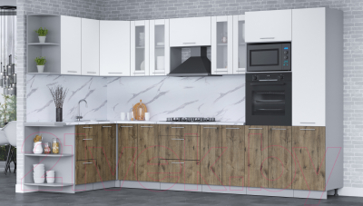 Кухонный гарнитур Интерлиния Мила 1.68x3.4 левая (белый платинум/дуб веллингтон/белый гранит)