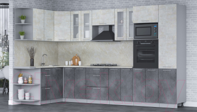 Кухонный гарнитур Интерлиния Мила 1.68x3.4 левая (бетон лайт/бетон портленд/опал светлый)