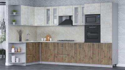 Кухонный гарнитур Интерлиния Мила 1.68x3.4 левая (бетон лайт/дуб веллингтон/опал светлый)