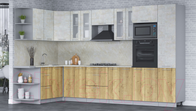 Кухонный гарнитур Интерлиния Мила 1.68x3.4 левая (бетон лайт/дуб золотой/опал светлый)