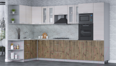 Кухонный гарнитур Интерлиния Мила 1.68x3.4 левая (вудлайн кремовый/дуб веллингтон/серый каспий)