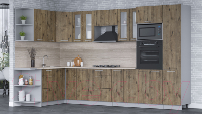 Кухонный гарнитур Интерлиния Мила 1.68x3.4 левая (дуб веллингтон/дуб веллингтон/травертин серый)