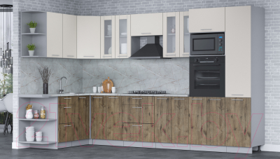 Кухонный гарнитур Интерлиния Мила 1.68x3.4 левая (персидский жемчуг/дуб веллингтон/серый каспий)