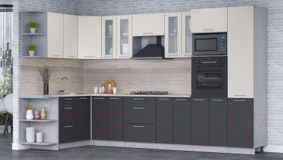 Кухонный гарнитур Интерлиния Мила 1.68x3.4 левая (персидский жемчуг/антрацит/травертин серый)