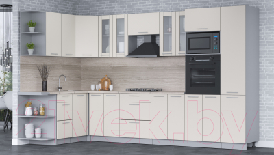 Кухонный гарнитур Интерлиния Мила 1.68x3.4 левая (персидский жемчуг/персидский жемчуг/травертин серый)