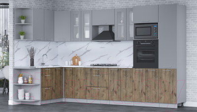 Кухонный гарнитур Интерлиния Мила 1.68x3.4 левая (серебро/дуб веллингтон/белый гранит)