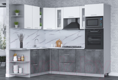 Кухонный гарнитур Интерлиния Мила 1.88x2.4 левая (белый платинум/бетон портленд/белый гранит)