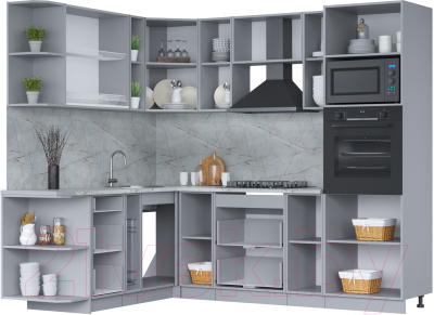Кухонный гарнитур Интерлиния Мила 1.88x2.4 левая (белый платинум/бетон портленд/белый гранит)