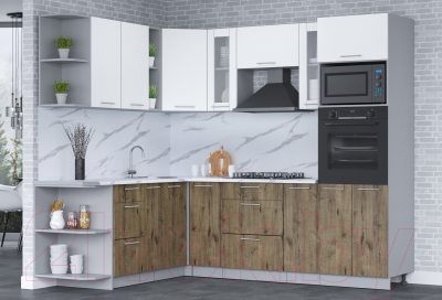 Кухонный гарнитур Интерлиния Мила 1.88x2.4 левая (белый платинум/дуб веллингтон/белый гранит)