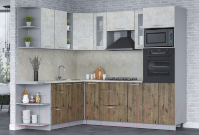 Кухонный гарнитур Интерлиния Мила 1.88x2.4 левая (бетон лайт/дуб веллингтон/опал светлый)