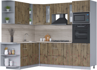 Кухонный гарнитур Интерлиния Мила 1.88x2.4 левая (дуб веллингтон/дуб веллингтон/травертин серый) - фото