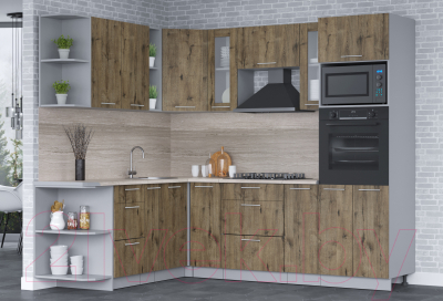 Кухонный гарнитур Интерлиния Мила 1.88x2.4 левая (дуб веллингтон/дуб веллингтон/травертин серый)