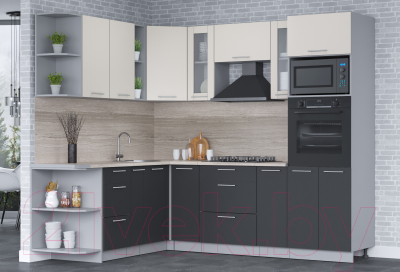 Кухонный гарнитур Интерлиния Мила 1.88x2.4 левая (персидский жемчуг/антрацит/травертин серый)