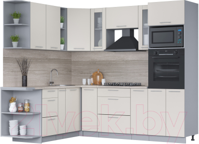 Кухонный гарнитур Интерлиния Мила 1.88x2.4 левая (персидский жемчуг/персидский жемчуг/травертин серый) - фото
