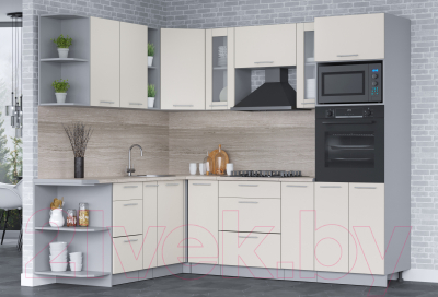 Кухонный гарнитур Интерлиния Мила 1.88x2.4 левая (персидский жемчуг/персидский жемчуг/травертин серый)