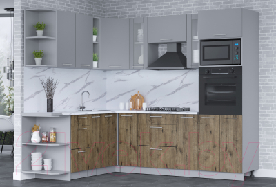 Кухонный гарнитур Интерлиния Мила 1.88x2.4 левая (серебро/дуб веллингтон/белый гранит)