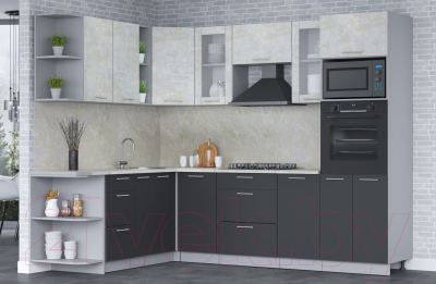 Кухонный гарнитур Интерлиния Мила 1.88x2.6 левая (бетон лайт/антрацит/опал светлый)