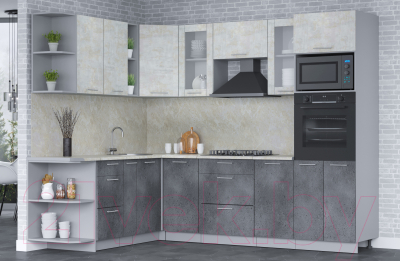 Кухонный гарнитур Интерлиния Мила 1.88x2.6 левая (бетон лайт/бетон портленд/опал светлый)