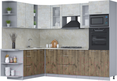 Кухонный гарнитур Интерлиния Мила 1.88x2.6 левая (бетон лайт/дуб веллингтон/опал светлый) - фото