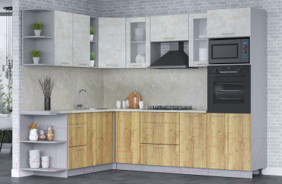 Кухонный гарнитур Интерлиния Мила 1.88x2.6 левая (бетон лайт/дуб золотой/опал светлый)