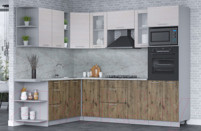 Кухонный гарнитур Интерлиния Мила 1.88x2.6 левая (вудлайн кремовый/дуб веллингтон/серый каспий)