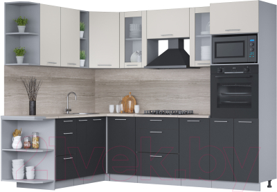Кухонный гарнитур Интерлиния Мила 1.88x2.6 левая (персидский жемчуг/антрацит/травертин серый) - фото
