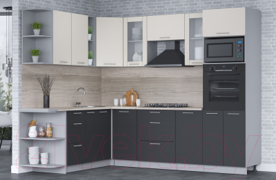 Кухонный гарнитур Интерлиния Мила 1.88x2.6 левая (персидский жемчуг/антрацит/травертин серый)